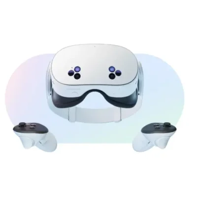 An image of coloured Meta Quest 3 VR headsets