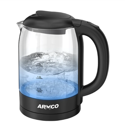 An image of Armco AKT-1755GS 1.7L Glass Cordless Kettle - Fast Boiling, Fully Transparent, Black